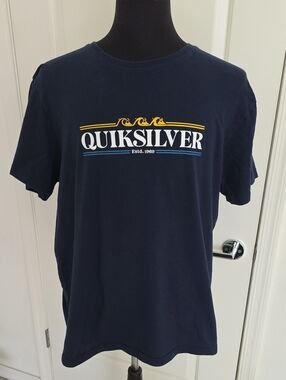 Quiksilver Navy Short Sleeve Logo Tee with Yellow & Blue Accents